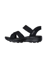 Schwarze Sandalen mit zwei verstellbaren Riemen, einer gepolsterten Innensohle und einer dicken Gummisohle mit strukturiertem Profil für besseren Halt.