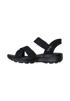 Black sandals featuring two adjustable straps, a cushioned footbed, and a thick rubber sole with a textured tread for grip.