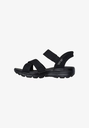 Schwarze Sandalen mit zwei verstellbaren Riemen, einer gepolsterten Innensohle und einer dicken Gummisohle mit strukturiertem Profil für besseren Halt.