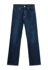 Ciemnoniebieskie dżinsy o prostym kroju nogawki, wyposażone w pięć kieszeni, metalowy guzik i zamek błyskawiczny. Subtelne przetarcia na przodzie.