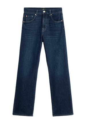 Ciemnoniebieskie dżinsy o prostym kroju nogawki, wyposażone w pięć kieszeni, metalowy guzik i zamek błyskawiczny. Subtelne przetarcia na przodzie.