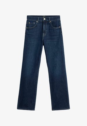 Ciemnoniebieskie dżinsy o prostym kroju nogawki, wyposażone w pięć kieszeni, metalowy guzik i zamek błyskawiczny. Subtelne przetarcia na przodzie.