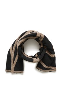 Svart och beige scarf med ett djärvt abstrakt mönster, tillverkad av mjukt tyg med en något fransig textur, som visar horisontella och vertikala ränder.