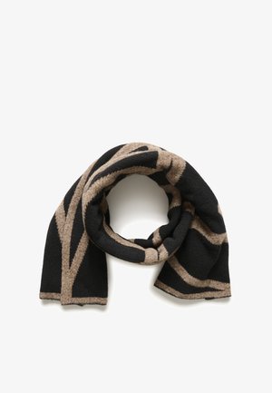 Schwarz-beige Schal mit einem mutigen abstrakten Muster, hergestellt aus weichem Material mit leicht flauschiger Textur, das horizontale und vertikale Streifen zeigt.