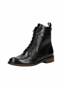Stivaletto in pelle nera con dettagli brogue, chiusura con lacci, punta rotonda e un leggero tacco in legno. Texture liscia e finitura lucida.