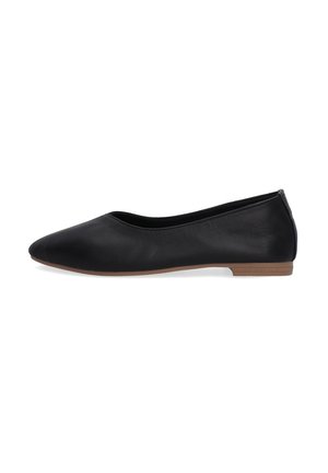 Black leather ballet flat with a pointed toe, low heel, and smooth texture. Features a minimalist design without additional embellishments.