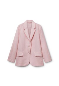 Blazer de lino rosa claro con cuello de muesca, dos bolsillos frontales y tres botones. Presenta un ajuste relajado y una textura suave.
