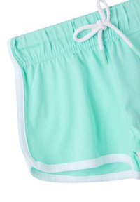 Pantaloni corti verde menta realizzati in morbido cotone con una vita elasticizzata bianca e cordoncino. Presentano un bordo bianco lungo l'orlo.