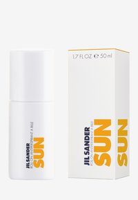Jil Sander Sun roll-on antiperspirant, vit behållare med orange och blå text, 50 ml, inkluderar en matchande box med liknande designelement.