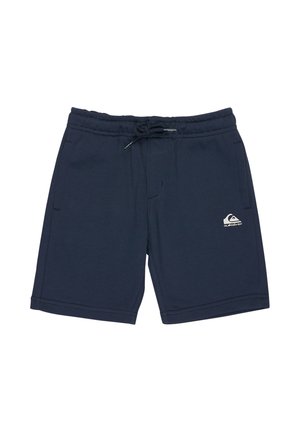 Granatowe casualowe spodenki z elastycznym paskiem w talii, sznurkiem, bocznymi kieszeniami oraz małym białym logo Quiksilver na prawej przedniej nogawce.