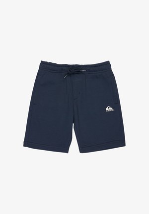 Navy blue casual shorts with elastic waistband, drawstring, side pockets, and small white Quiksilver logo on the front right leg.