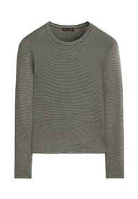 Pulover gri cu mâneci lungi, guler rotund și textură tricotată, cu croială slim și design simplu, așezat plat pe un fundal alb.