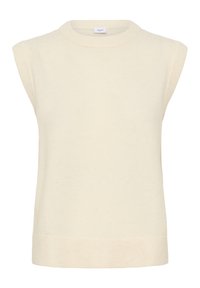 Crème-kleurige mouwloze gebreide sweater vest met geribbelde ronde halslijn, armsgaten en zoom.