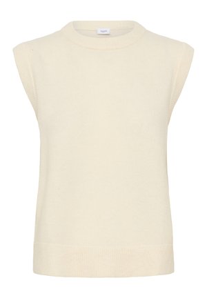 Crème-kleurige mouwloze gebreide sweater vest met geribbelde ronde halslijn, armsgaten en zoom.