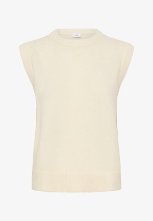 Cremefarbener ärmelloser Strickpullover mit geripptem Rundhalsausschnitt, Armöffnungen und Saum.