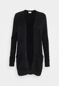 Svart cardigan med öppen framsida, långa ärmar, två framfickor och ett mjukt, texturerat tyg. Ingen knäppning eller dekoration.