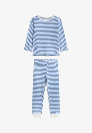 Ensemble pyjama enfant avec haut à manches longues et pantalon à rayures horizontales bleues et blanches, poches blanches au pantalon.