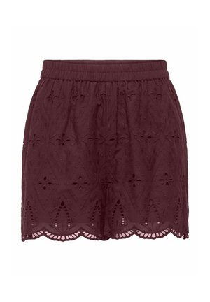 Short en dentelle bordeaux avec taille élastique, présentant des motifs découpés floraux et géométriques et un détail d'ourlet festonné.