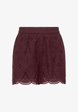 Short en dentelle bordeaux avec taille élastique, présentant des motifs découpés floraux et géométriques et un détail d'ourlet festonné.