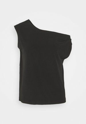Asymmetrisk sort top med design på den ene skulder, lavet af et glat, let stof; har en afslappet pasform og blød tekstur.