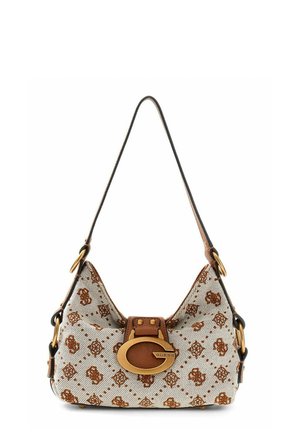 Piccola borsa a tracolla con tessuto beige e marrone a motivo, dettagli in pelle marrone e fibbia ovale dorata con logo "Guess".