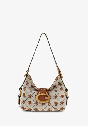 Small shoulder bag with beige and brown patterned fabric, brown leather details, and a gold oval buckle with "Guess" logo.