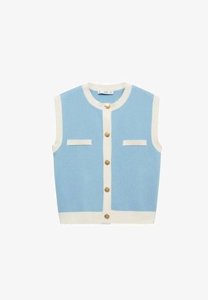 Vaaleansininen neuleliivi, jossa on kermaankeltainen ribbikuvioitu kaulus ja nappilista, sekä kaksi etutaskua ja kultanapit.