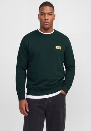 Homme portant un sweat-shirt vert foncé avec un écusson logo jaune Jack & Jones, un t-shirt blanc dessous et un pantalon noir, debout devant un fond uni.