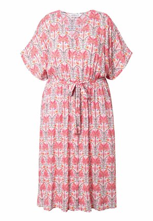 Kukkakuosisessa mekossa on kevyt kangas, lyhyet hihat, kapeahko vyötärö, jossa on nauhavyö, sekä kirkas vaaleanpunainen ja valkoinen värimaailma.