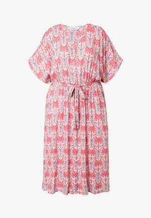 Kukkakuosisessa mekossa on kevyt kangas, lyhyet hihat, kapeahko vyötärö, jossa on nauhavyö, sekä kirkas vaaleanpunainen ja valkoinen värimaailma.