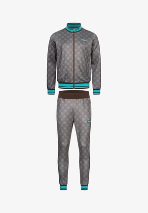 Fitness trainingspak in gemêleerd stof; grijs met teal accenten, inclusief een jasje met rits en bijpassende broek met geribde cuffs en tailleband.