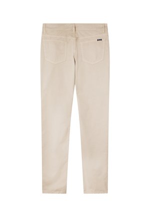 Beżowe bawełniane spodnie o prostym kroju i pięciu kieszeniach, z dwiema tylnymi kieszeniami oraz subtelną metką z logo na pasku.