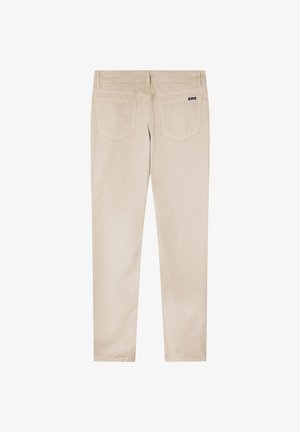 Beżowe bawełniane spodnie o prostym kroju i pięciu kieszeniach, z dwiema tylnymi kieszeniami oraz subtelną metką z logo na pasku.