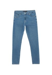 Jasnoniebieskie jeansy straight-leg z denimu, z zapięciem na guzik, pięcioma kieszeniami oraz delikatnym poziomym wyblaknięciem z przodu.