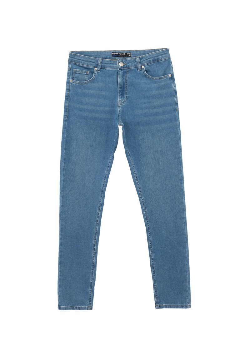 Jasnoniebieskie jeansy straight-leg z denimu, z zapięciem na guzik, pięcioma kieszeniami oraz delikatnym poziomym wyblaknięciem z przodu.