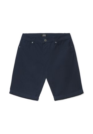 Pantaloncini casual blu navy con chiusura a bottone, tasche frontali e orlo arrotolato, posati su uno sfondo bianco.