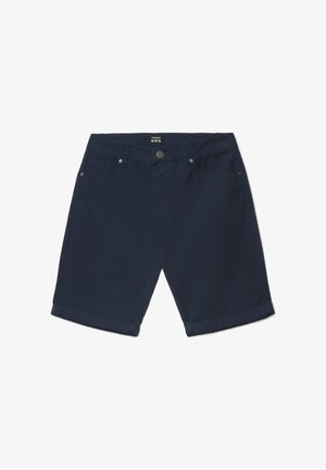 Pantaloncini casual blu navy con chiusura a bottone, tasche frontali e orlo arrotolato, posati su uno sfondo bianco.