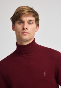 Burgundy rullhalsad tröja i stickad material. Har en ribbad hals och en liten gul logotyp på bröstet. Slät textur och figurnära design.