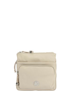 Sac bandoulière rectangulaire beige avec poche avant zippée, fermeture éclair supérieure et emblème logo rond argenté.