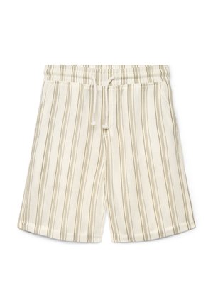 Pantaloncini beige chiaro con sottili strisce verdi, dotati di una vita elastica con coulisse e un tessuto morbido e strutturato.