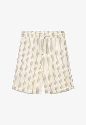 Pantaloncini beige chiaro con sottili strisce verdi, dotati di una vita elastica con coulisse e un tessuto morbido e strutturato.