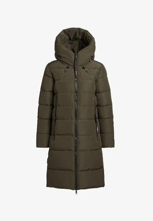 Pikitud pikk mantel oliivirohelises värvitoonis. Omab kõrget kraed, kahte esimest tõmblukuga taskut ja täispikkust tõmblukku. Pehme, tikandiga tekstuur.