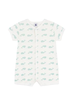 Detský overal s krátkym rukávom vyrobený z mäkkej krémovej tkaniny s opakujúcim sa vzorom svetlomodrých veľrýb a zapínaním na patentky vpredu.