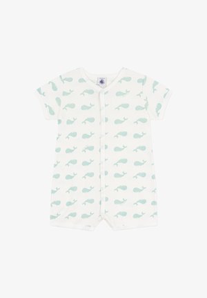 Βρεφικό ολόσωμο φορμάκι με κοντά μανίκια, κατασκευασμένο από απαλό κρεμ ύφασμα με επαναλαμβανόμενο σχέδιο από ανοιχτό μπλε φάλαινες και κούμπωμα με κουμπιά κάτω από το μπροστινό μέρος.