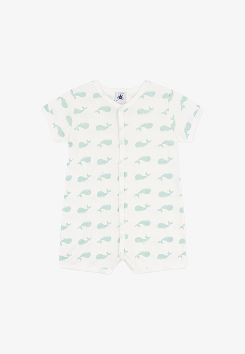 Βρεφικό ολόσωμο φορμάκι με κοντά μανίκια, κατασκευασμένο από απαλό κρεμ ύφασμα με επαναλαμβανόμενο σχέδιο από ανοιχτό μπλε φάλαινες και κούμπωμα με κουμπιά κάτω από το μπροστινό μέρος.