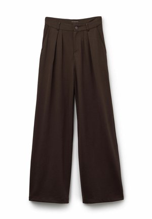 Weite Hosen aus dunkelbraunem Stoff, mit hoher Taille, gefaltetem Vorderteil, Knopfverschluss und Eingrifftaschen.