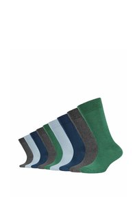 Calzini assortiti in diverse tonalità di blu, verde, grigio e azzurro. I materiali sembrano morbidi, con polsini a coste e texture lisce.