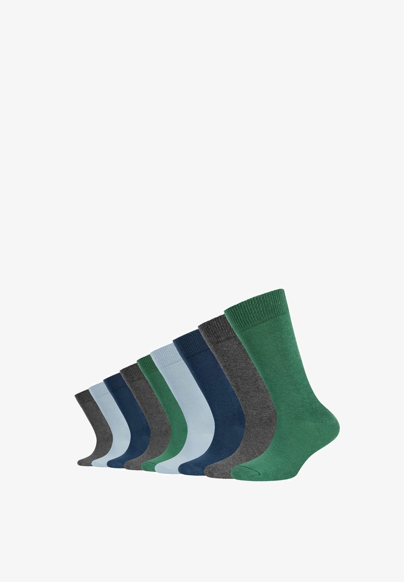 Calzini assortiti in diverse tonalità di blu, verde, grigio e azzurro. I materiali sembrano morbidi, con polsini a coste e texture lisce.