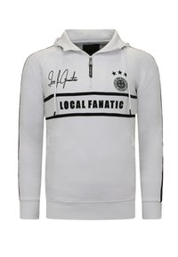 Witte half-zip sweatshirt met zwarte accenten, voorzien van een capuchon, "LOCAL FANATIC" tekst en een logo met drie sterren. Glad stofoppervlak.