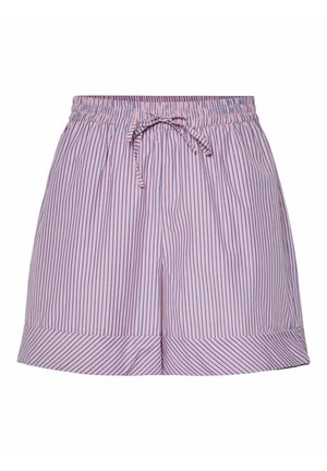 Rožiniai ir mėlyni dryžuoti šortai su elastinga juosta ir raišteliu. Yra platus apvadas apačioje ir laisvas siluetas.